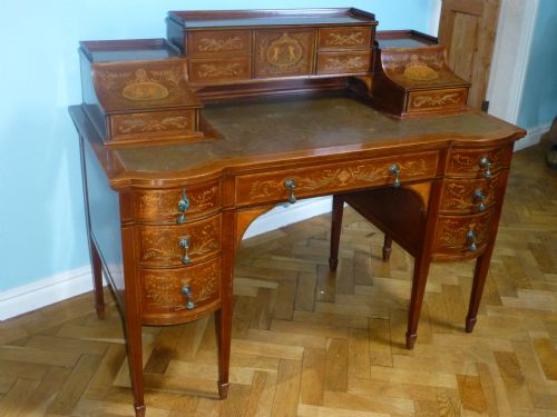 Antique  Marquetry Inlaid Mahogany Carlton House  Pedestal Writing Table Desk Attributed to Edwards and Roberts. C.1895