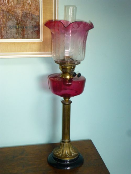 Rare Model Tall Duplex Double Burner Botanical Cranberry Oil Lamp. C1870.