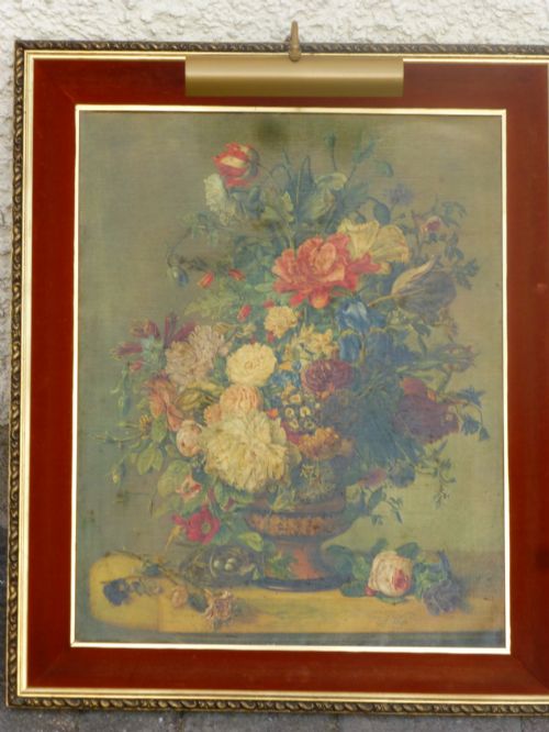 Oil on Canvas Fiehl  Portrait Oleograph After Anton Weiss of the Flowerpiece. C 1960