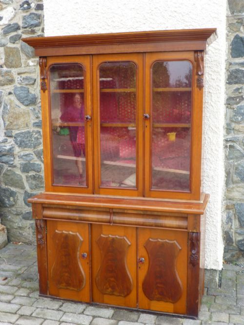 Antique Welsh Oak and Mahogany Triple Kitchen Glazed Dresser Bookcase Cupboard