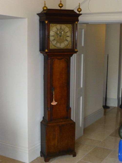 Smith of Chester 18th Century Oak and Walnut Brass Face Longcase Clock