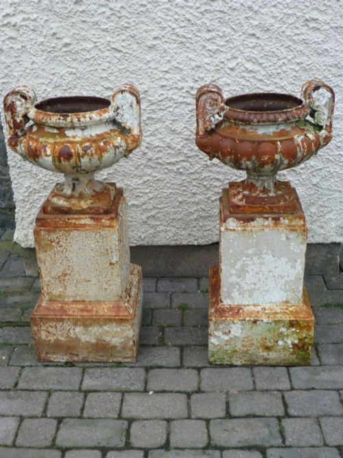 Extremely Rare Pair of Regency Falkirk Carron Foundry Cast Iron Urns on Original Plinths