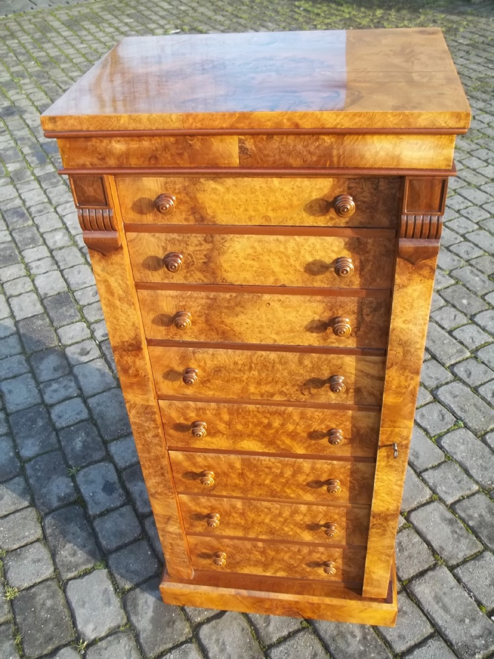 Antique burr walnut wellington chest drawers