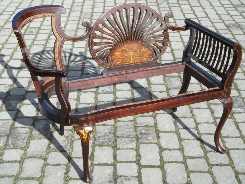 Antique mahogany inlaid settee upholstered two seat sofa couch