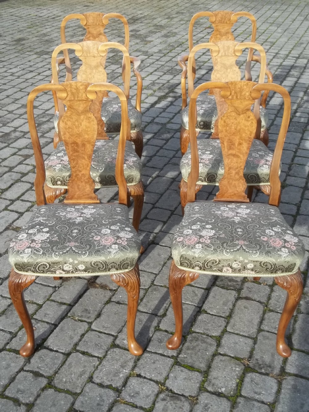 Antique £1250 set of six queen anne burr walnut upholstered dining chairs