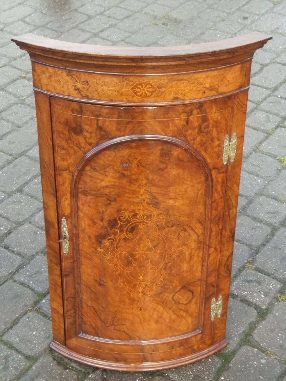 A rare antique burr walnut marquetry inlaid barrel bow fronted hanging display cabinet cupboard