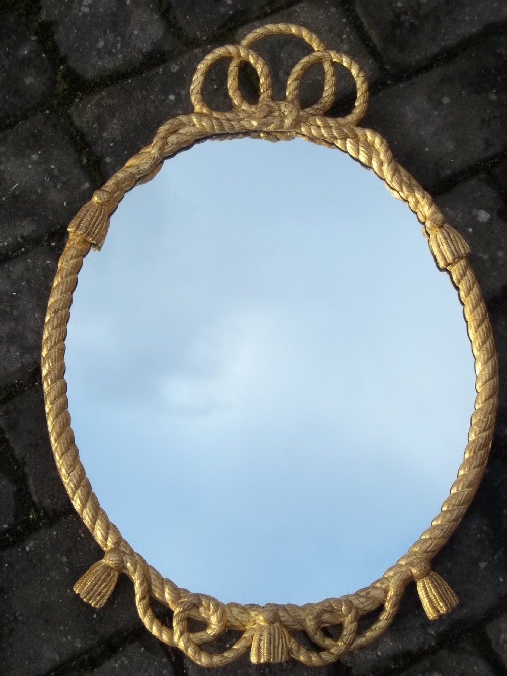 Antique gilt 19th century oval rope twist small gilded wall mirror  