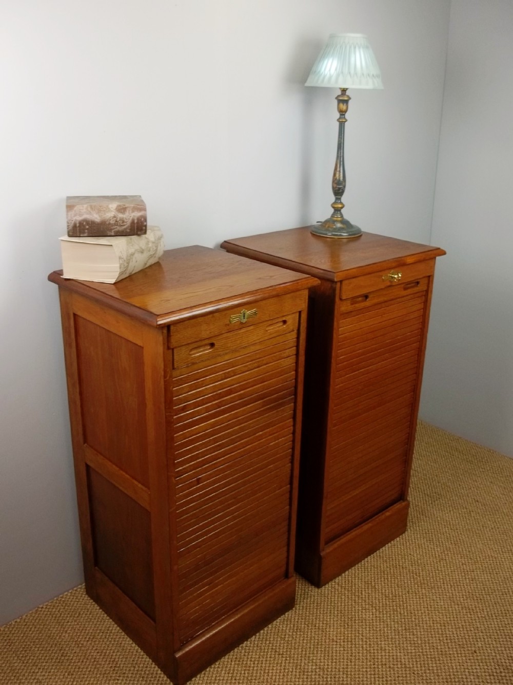 A matched antique pair of tambour fronted oak filing cabinets cabinet C.1900.