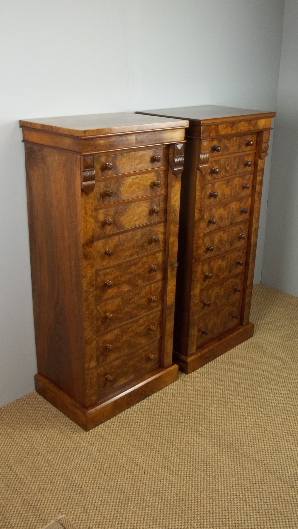 stunning pair of antique chest matched burr walnut tall narrow wellington filing cabinet bedside chests of drawers stamped S & H Jewells of London. C.1860.