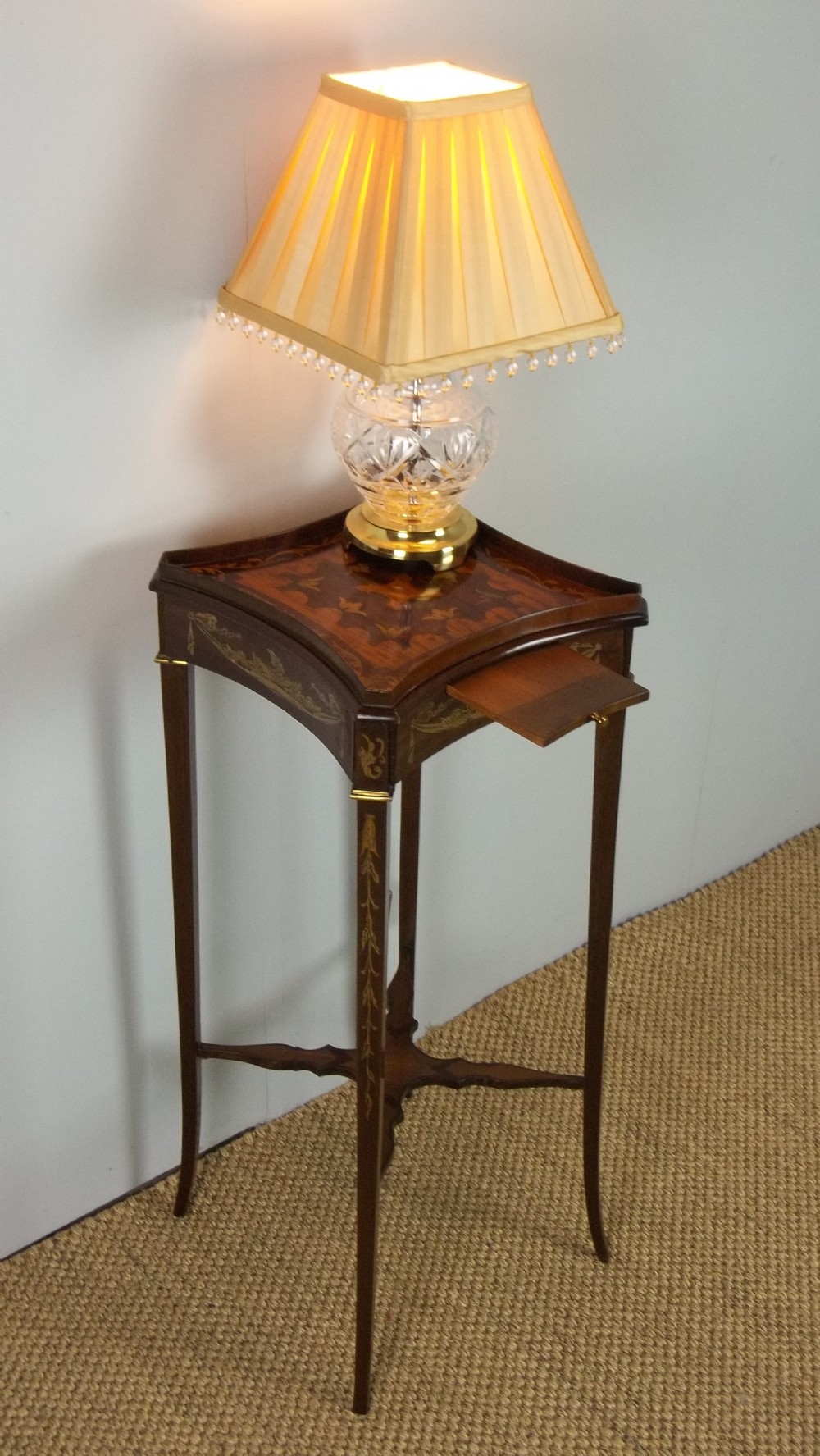 A Mahogany marquetry inlaid lamp wine occasional small table urn kettle stand