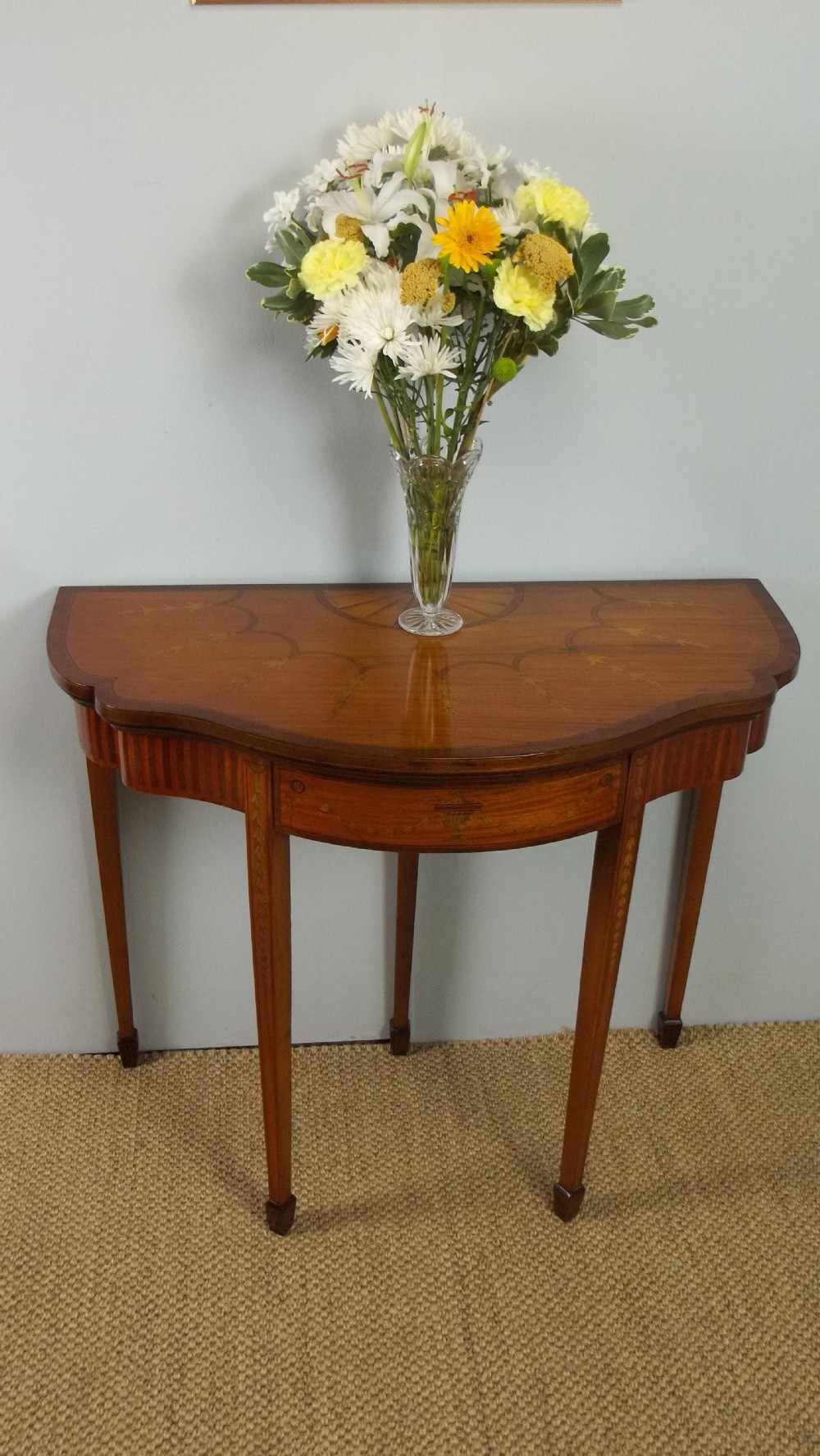  Antique satinwood inlaid games card side lamp pier console half moon sofa table. C.1895.
