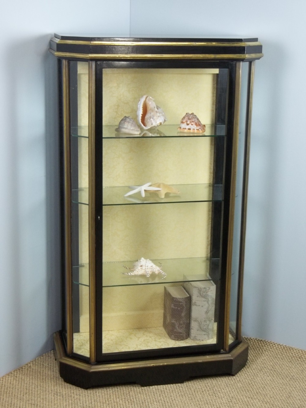 A 19th century ebony brass and glazed pier display vitrine ebonised cabinet with adjustable set of bookshelves. 