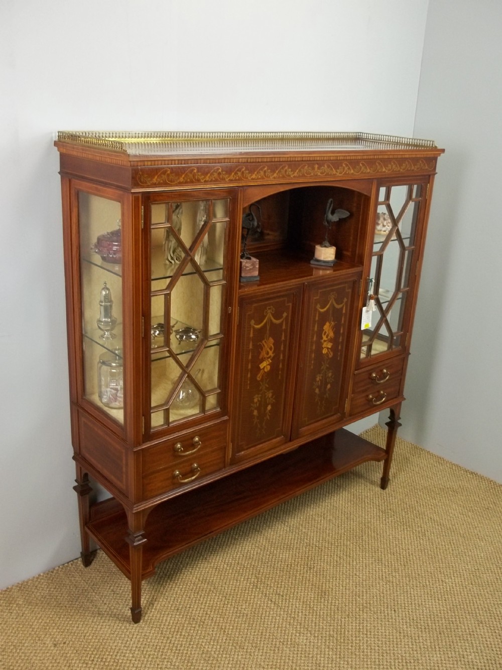 Antique Edwards and Roberts mahogany marquetry inlaid display vitrine sideboard credenza side cabinet cupboard. C.1895.