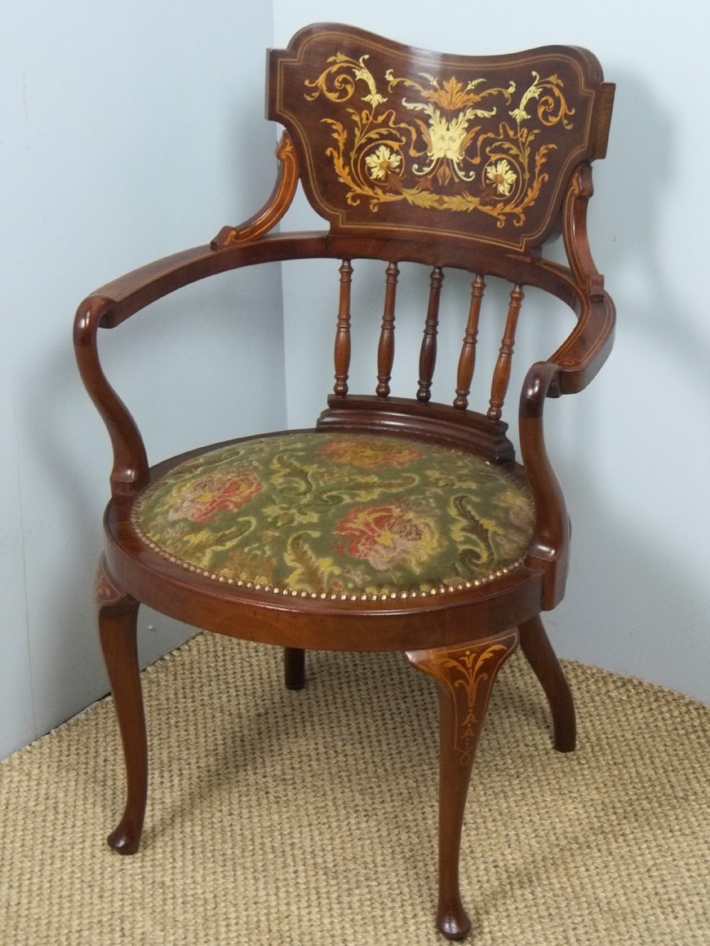 Antique Edwardian mahogany marquetry inlaid office desk upholstered occasional easy library elbow open armchair. C.1900.