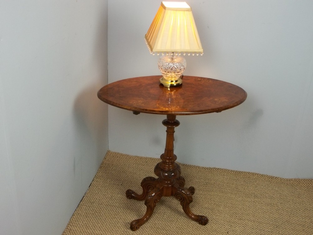 Antique £1595 19th century Victorian burr walnut marquetry inlaid oval centre wine lamp side sofa occasional center table. C.1860.