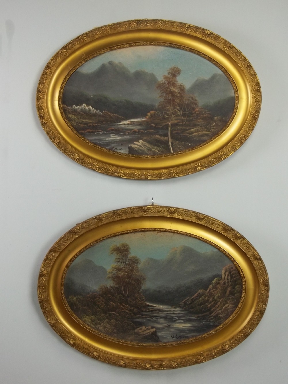 A £695 pair of oval Early 20th century oil and Gouache on boards signed by W.Collins. 