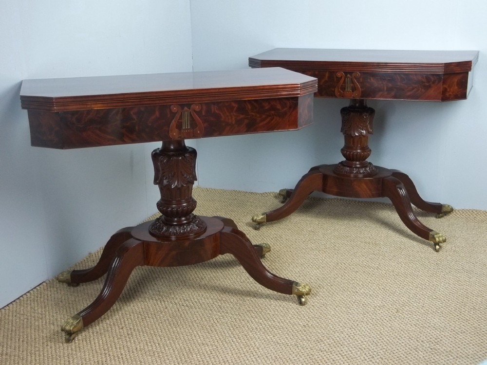 A fabulous pair of antique Regency Georgian Federal Philadelphia American signed mahogany games card tea hall sofa side pier console lamp tables. C.1810.