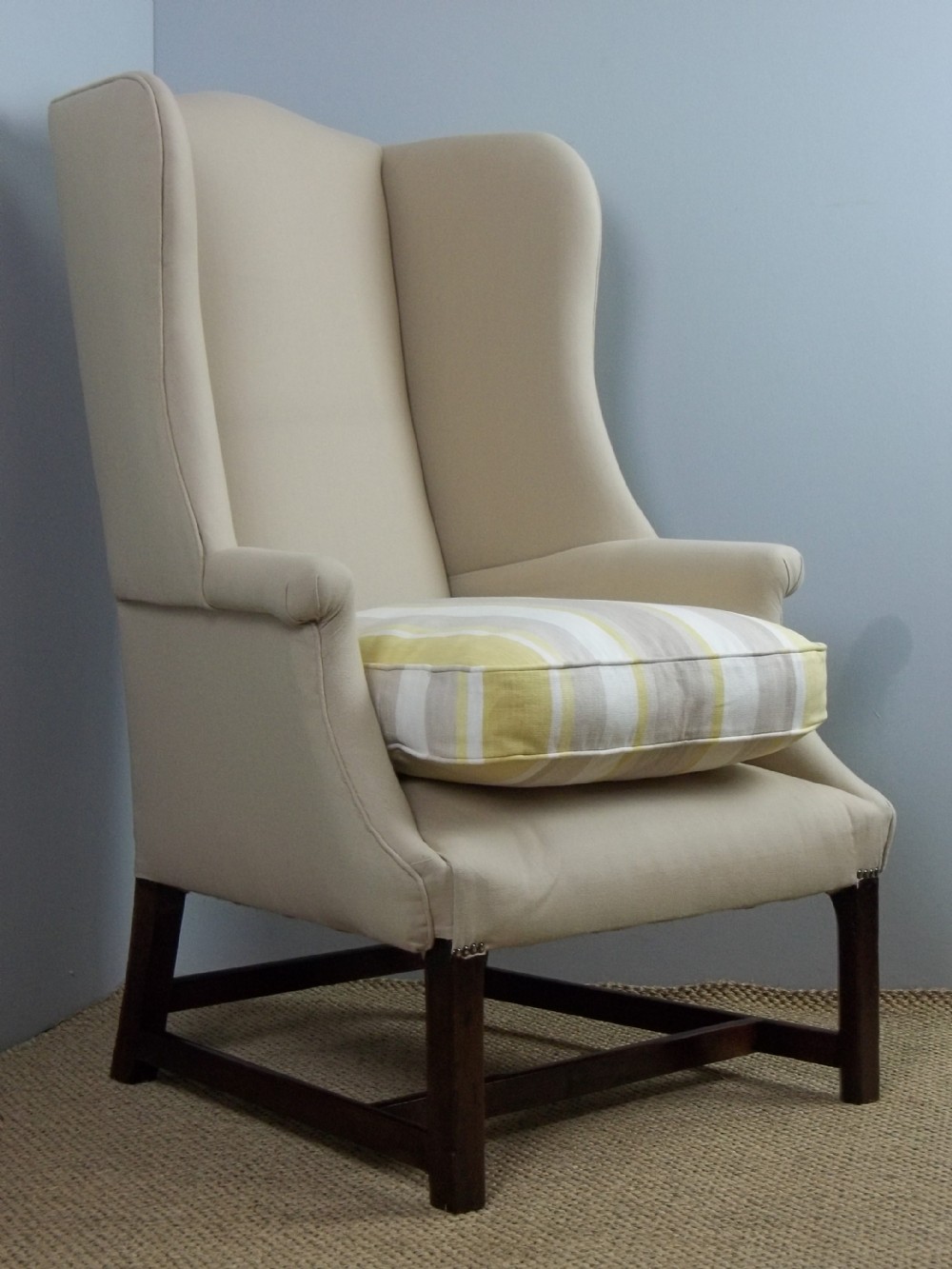 Antique Georgian mahogany framed linen upholstered easy reading library wingback 18th century open elbow occasional easy wing back tub armchair chair. 