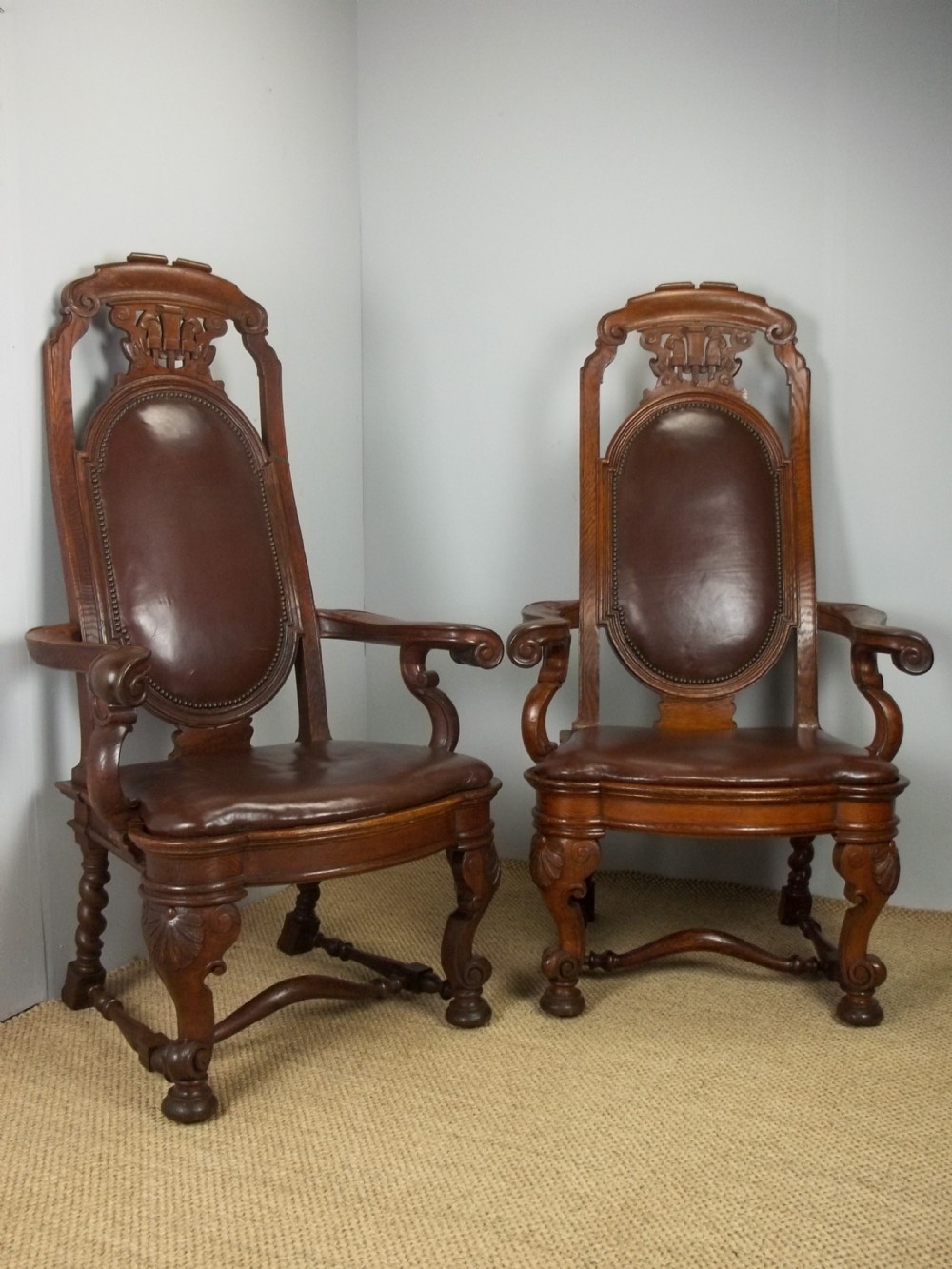 Antique  fabulous massive pair of Welsh oak open large elbow throne Eisteddfod wainscot fireside library hall reading leather upholstered arm chairs armchairs. C.1890.