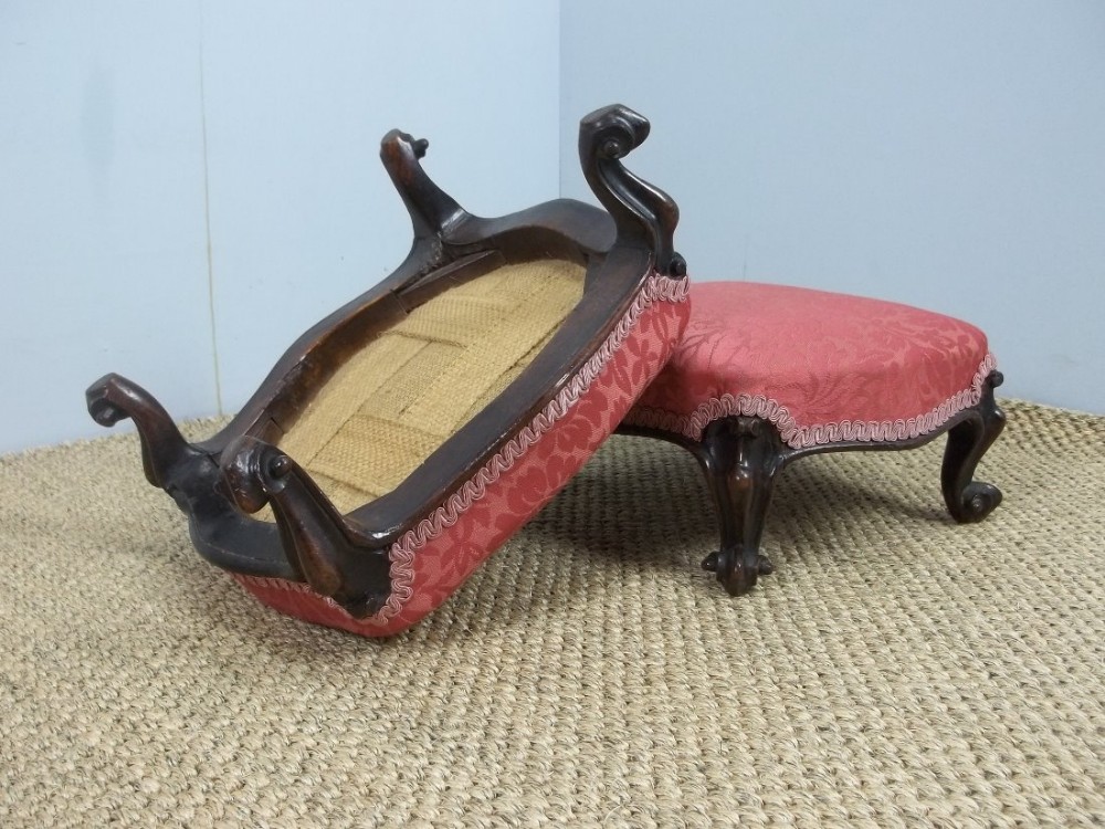 Antique  pair of good quality walnut upholstered footstools foot gout stools. C.1860.