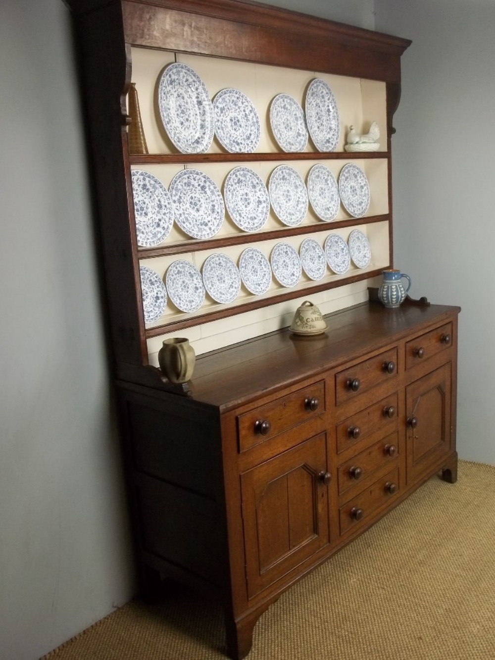 Antique Georgian North Wales Welsh oak dresser base and rack. C.1800