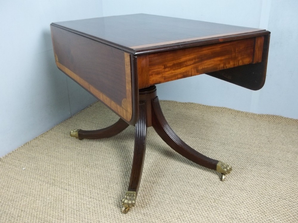 Antique Regency Georgian mahogany and satinwood inlaid Pembroke sofa hall dining lamp side centre table. C.1810. View VI