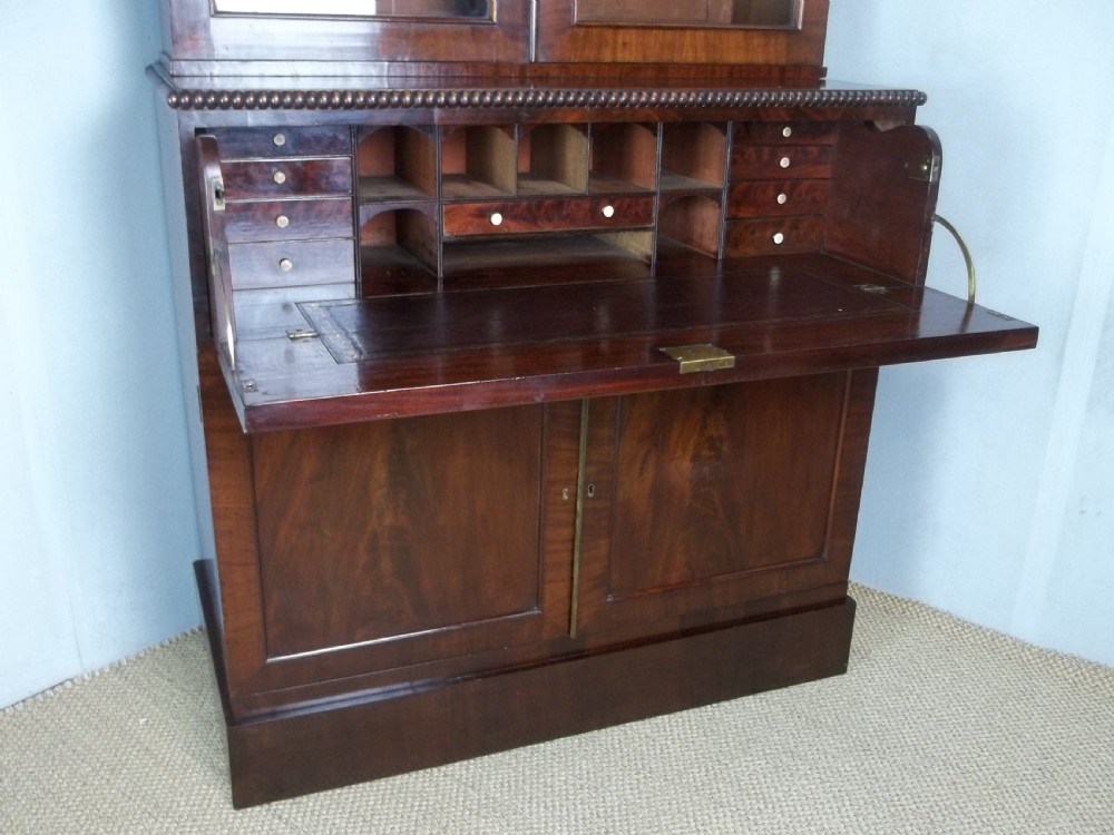 Antique Regency 19th century William IV mahogany glazed secretaire bookcase cupboard with adjustable shelves. C1830. View III