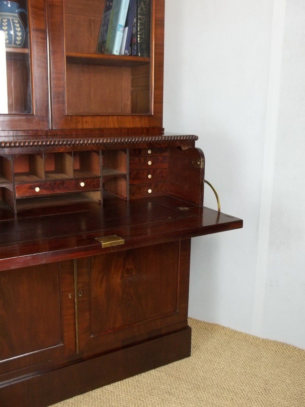 Antique Regency 19th century William IV mahogany glazed secretaire bookcase cupboard with adjustable shelves. C1830. View IV