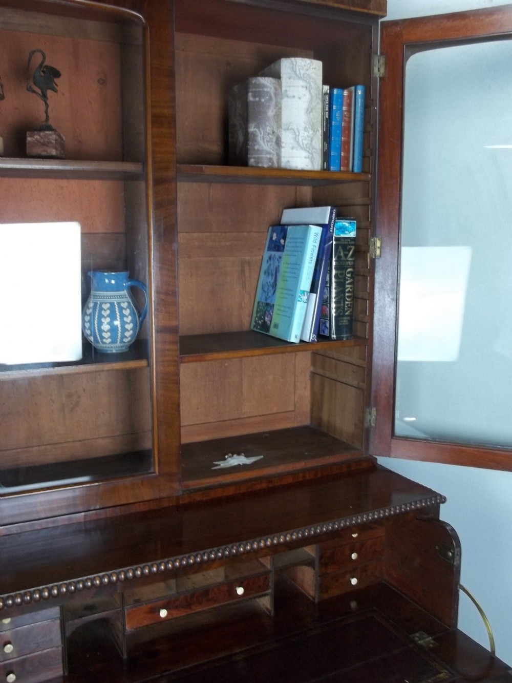 Antique Regency 19th century William IV mahogany glazed secretaire bookcase cupboard with adjustable shelves. C1830. View VI
