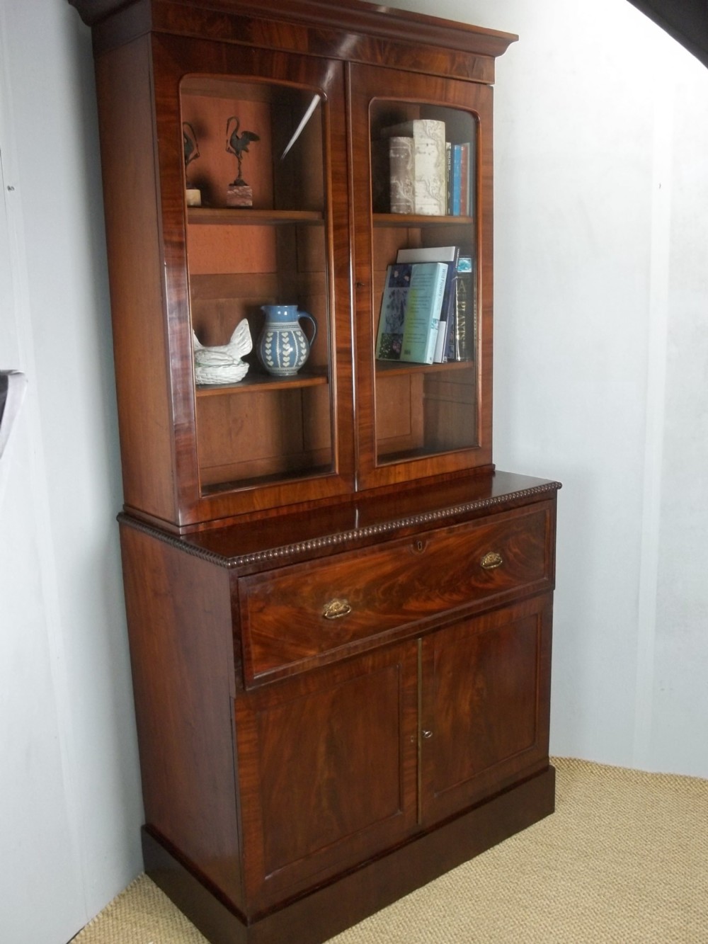 Antique Regency 19th century William IV mahogany glazed secretaire bookcase cupboard with adjustable shelves. C1830. View VIII