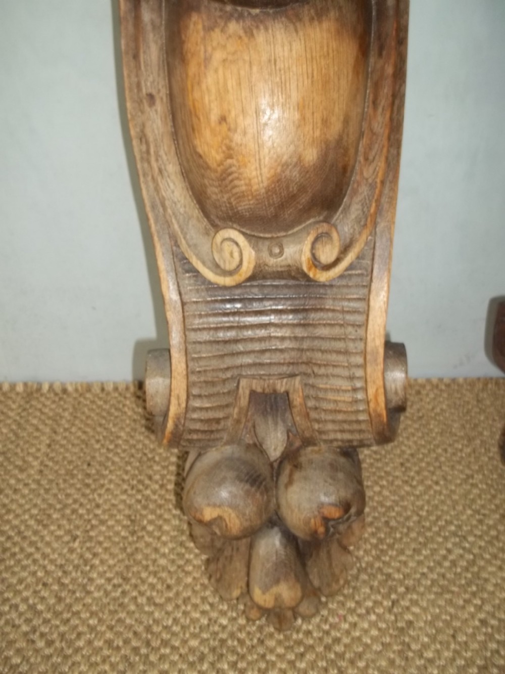 Antique large pair of 19th century carved oak caryatids. C.1890 View III