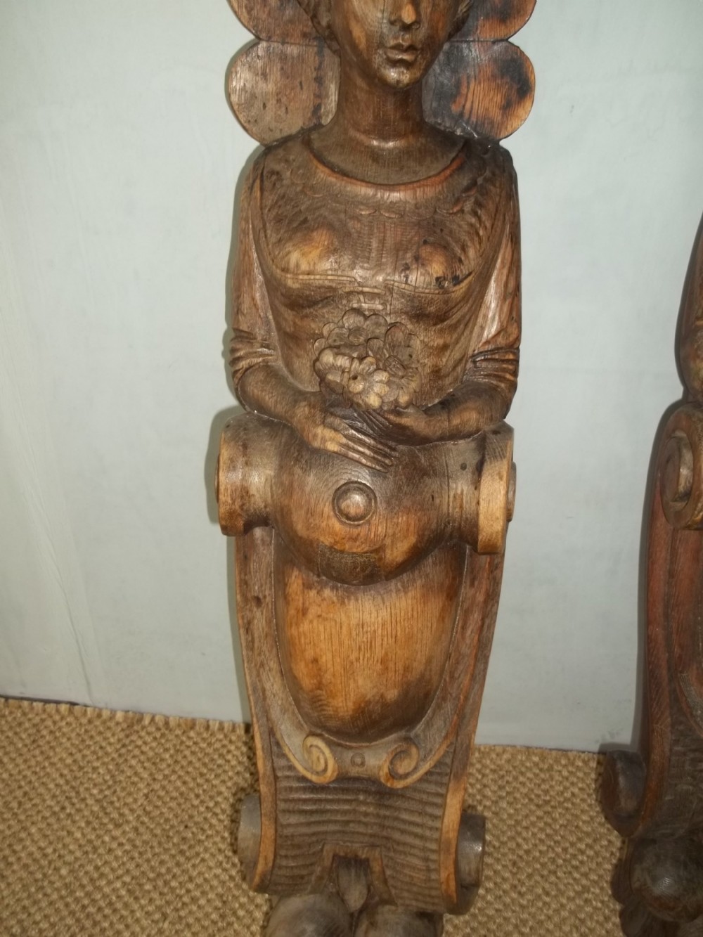 Antique large pair of 19th century carved oak caryatids. C.1890 View V