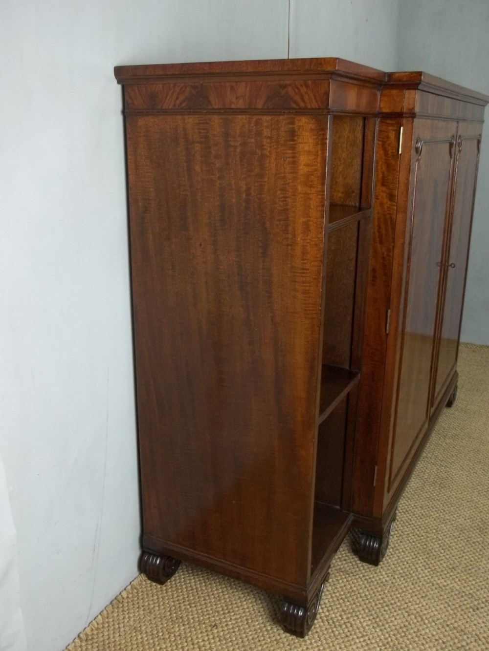 Antique mahogany open breakfront bookcase chiffonier sideboard credenza of break front book shelves adjustable Regency Hepplewhite design. View II