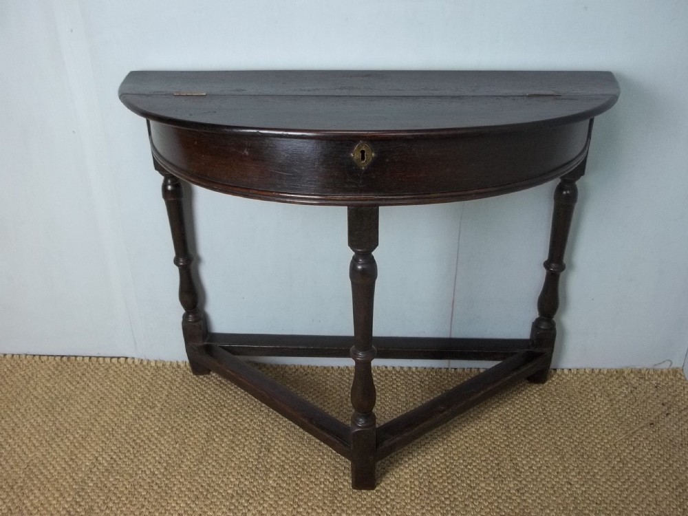 Antique oak 18th century credence demi lune hall side occasional lamp half moon table. View II
