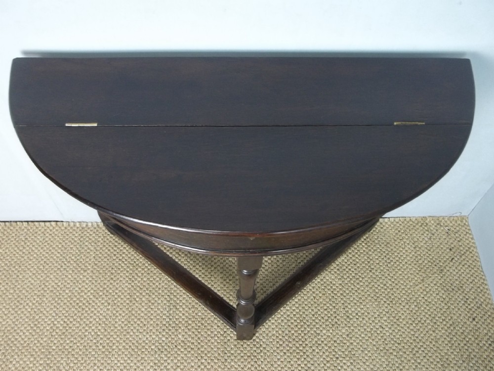 Antique oak 18th century credence demi lune hall side occasional lamp half moon table. View III