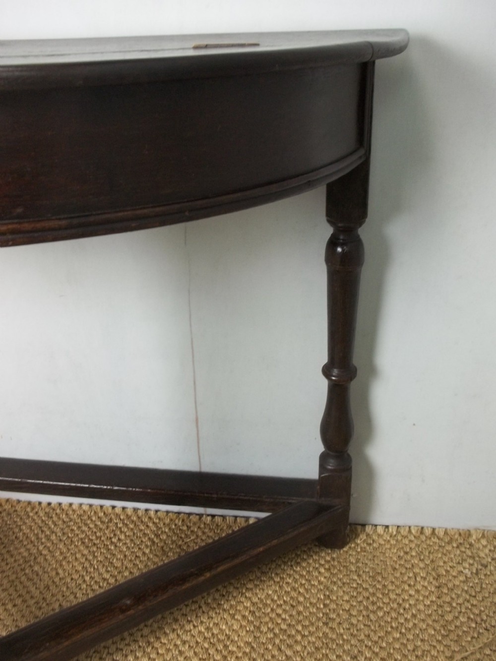 Antique oak 18th century credence demi lune hall side occasional lamp half moon table. View VI