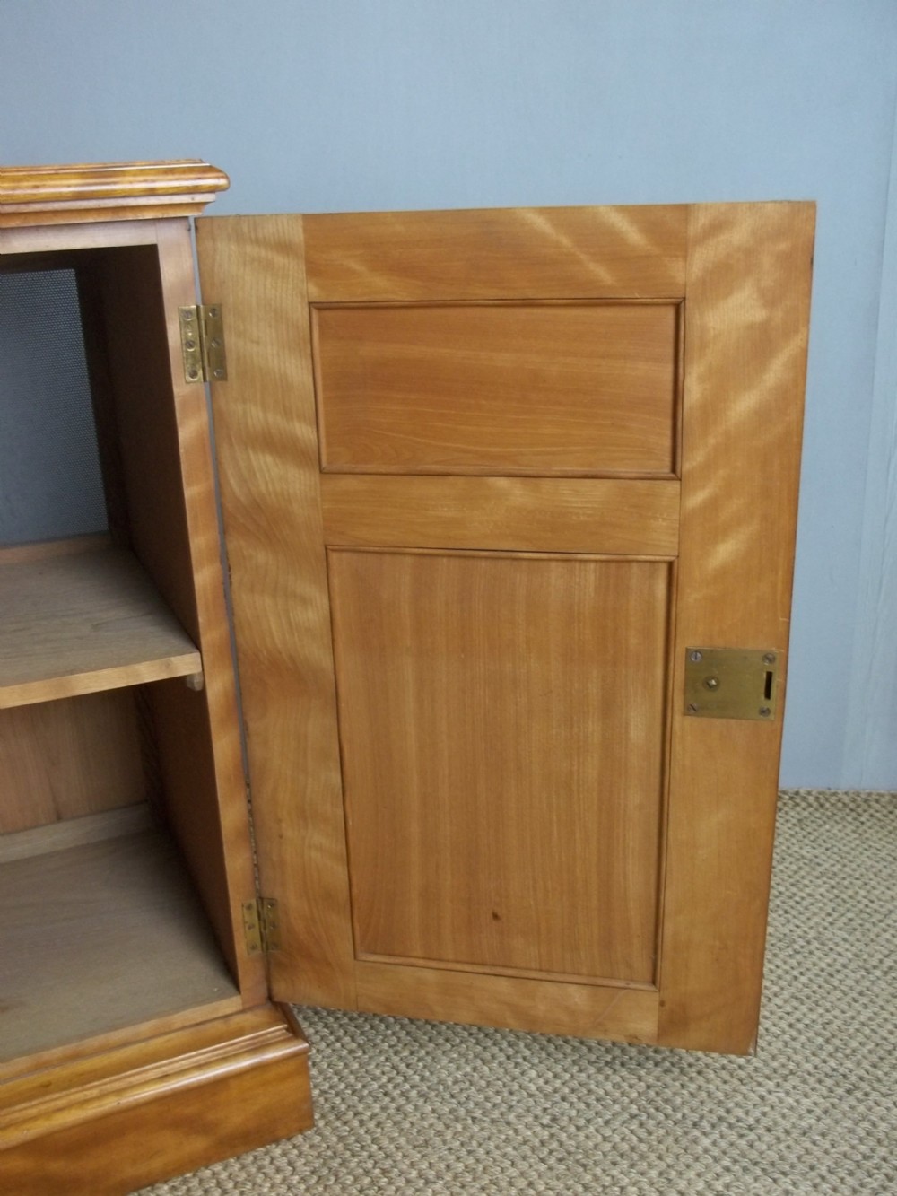 A matching pair of late 19th-century English satin birch bedside cupboards with panelled single doors, brass handles, and plinth bases. View III