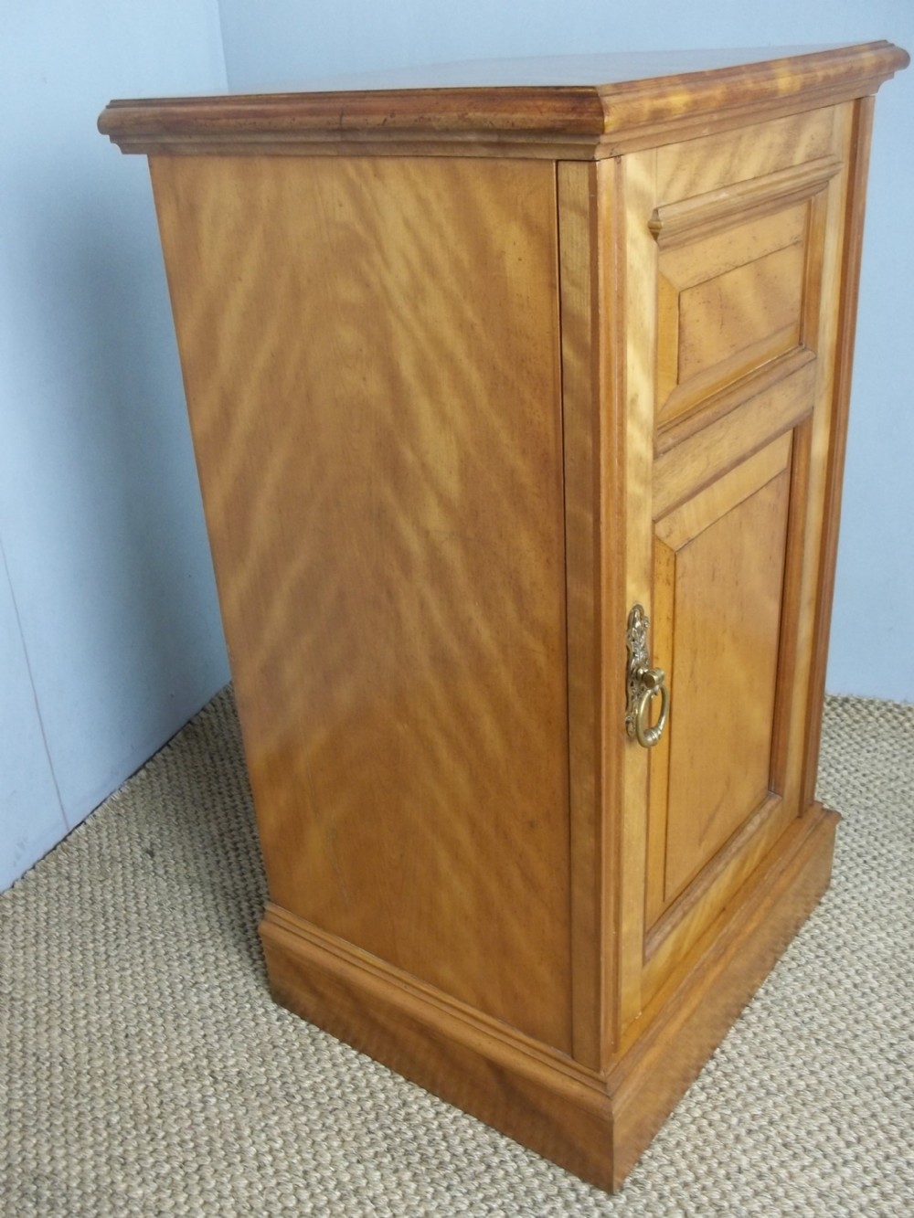 A matching pair of late 19th-century English satin birch bedside cupboards with panelled single doors, brass handles, and plinth bases. View VI