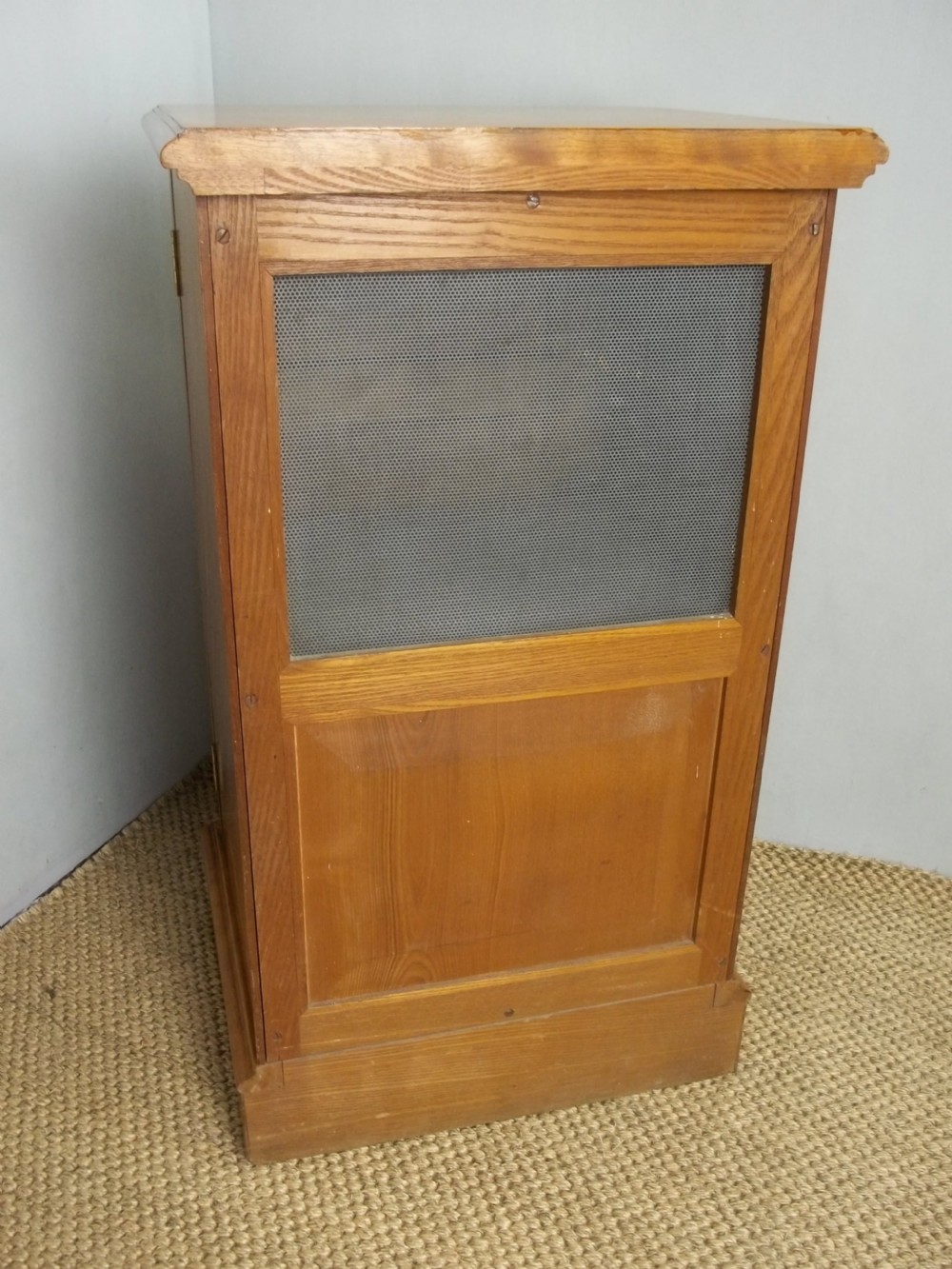 A matching pair of late 19th-century English satin birch bedside cupboards with panelled single doors, brass handles, and plinth bases. View VII