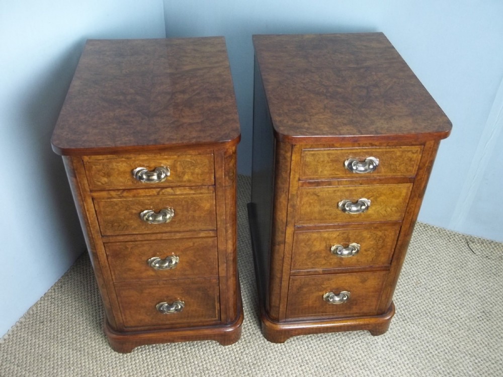 A pair of 19th century burr walnut and inlaid bedside cabinet chests or chest of drawers. C.1870