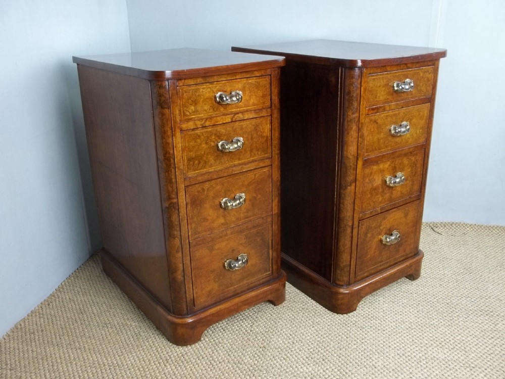 A pair of 19th century burr walnut and inlaid bedside cabinet chests or chest of drawers. C.1870 View II
