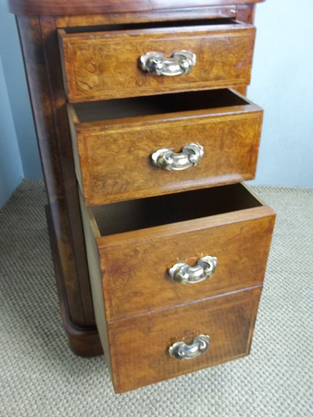 A pair of 19th century burr walnut and inlaid bedside cabinet chests or chest of drawers. C.1870 View IV