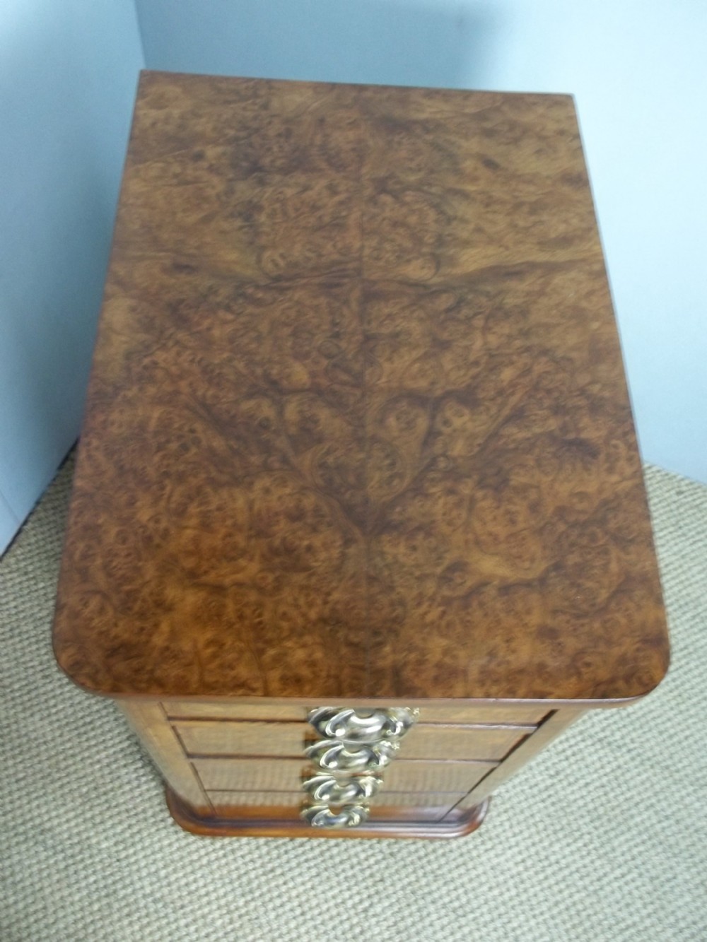 A pair of 19th century burr walnut and inlaid bedside cabinet chests or chest of drawers. C.1870 View VI