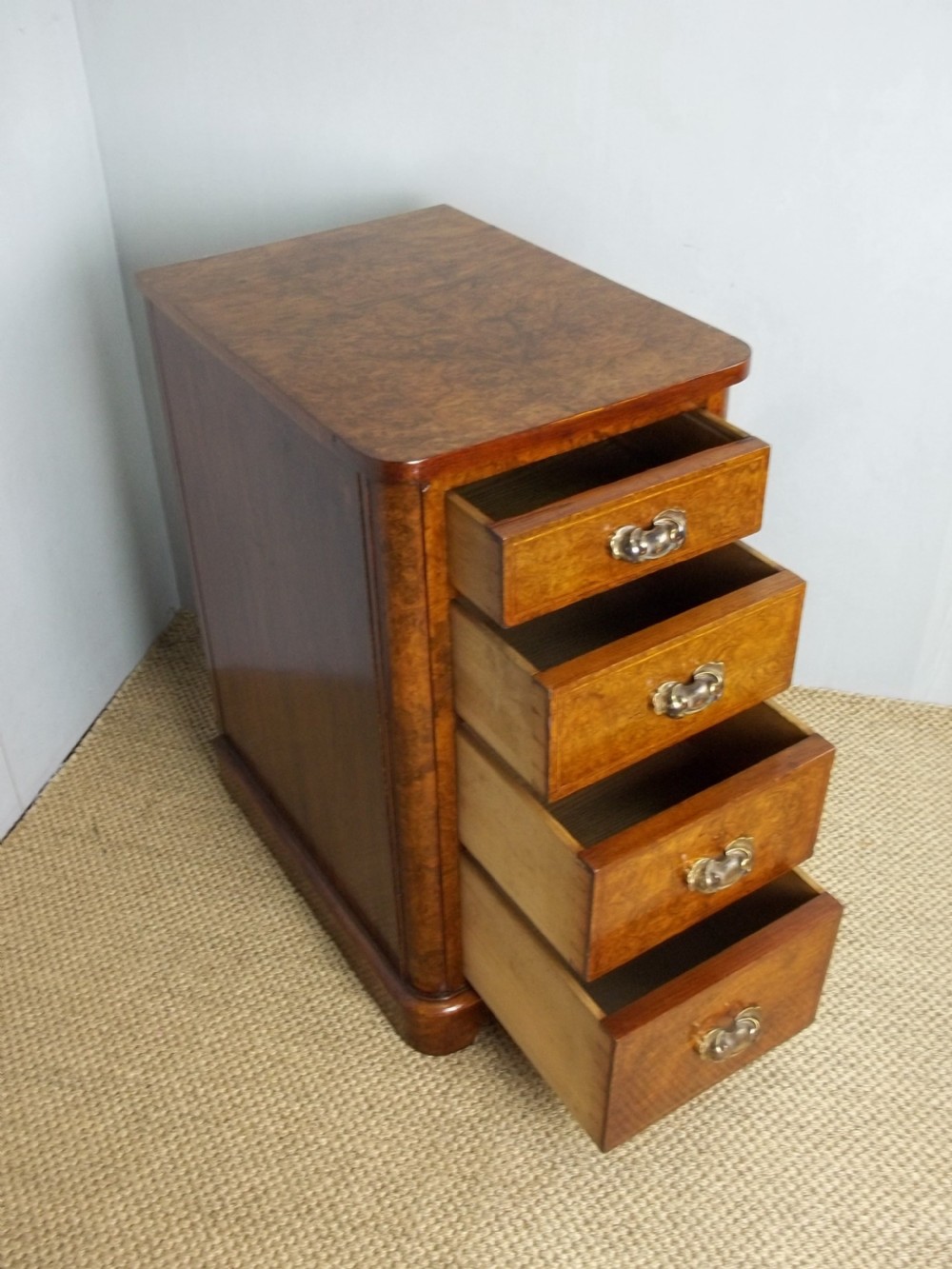 A pair of 19th century burr walnut and inlaid bedside cabinet chests or chest of drawers. C.1870 View VII