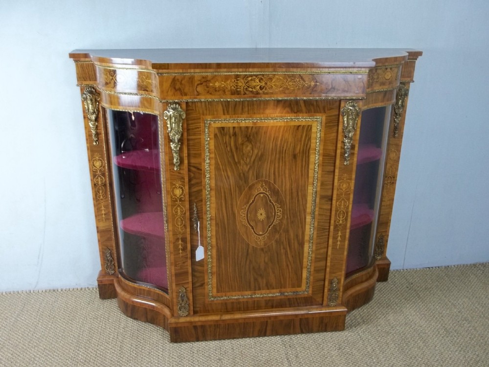 Antique 19th century serpentine shaped figured walnut inlaid ormolu mounted small narrow credenza display side pier sideboard cabinet . C.1860.