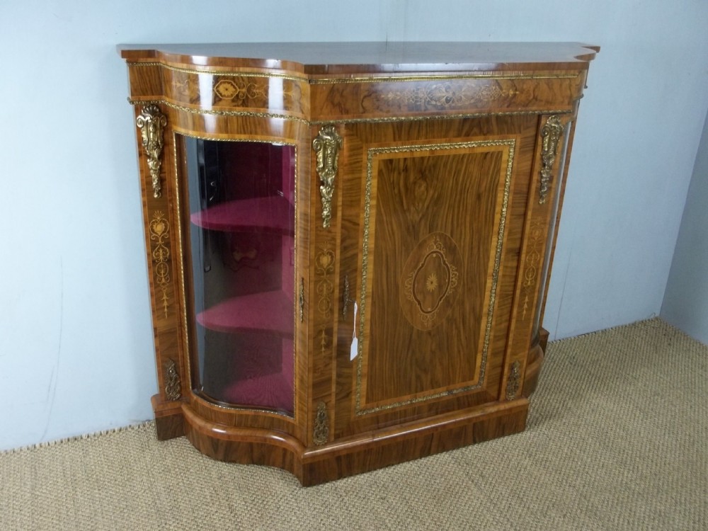 Antique 19th century serpentine shaped figured walnut inlaid ormolu mounted small narrow credenza display side pier sideboard cabinet . C.1860. View II