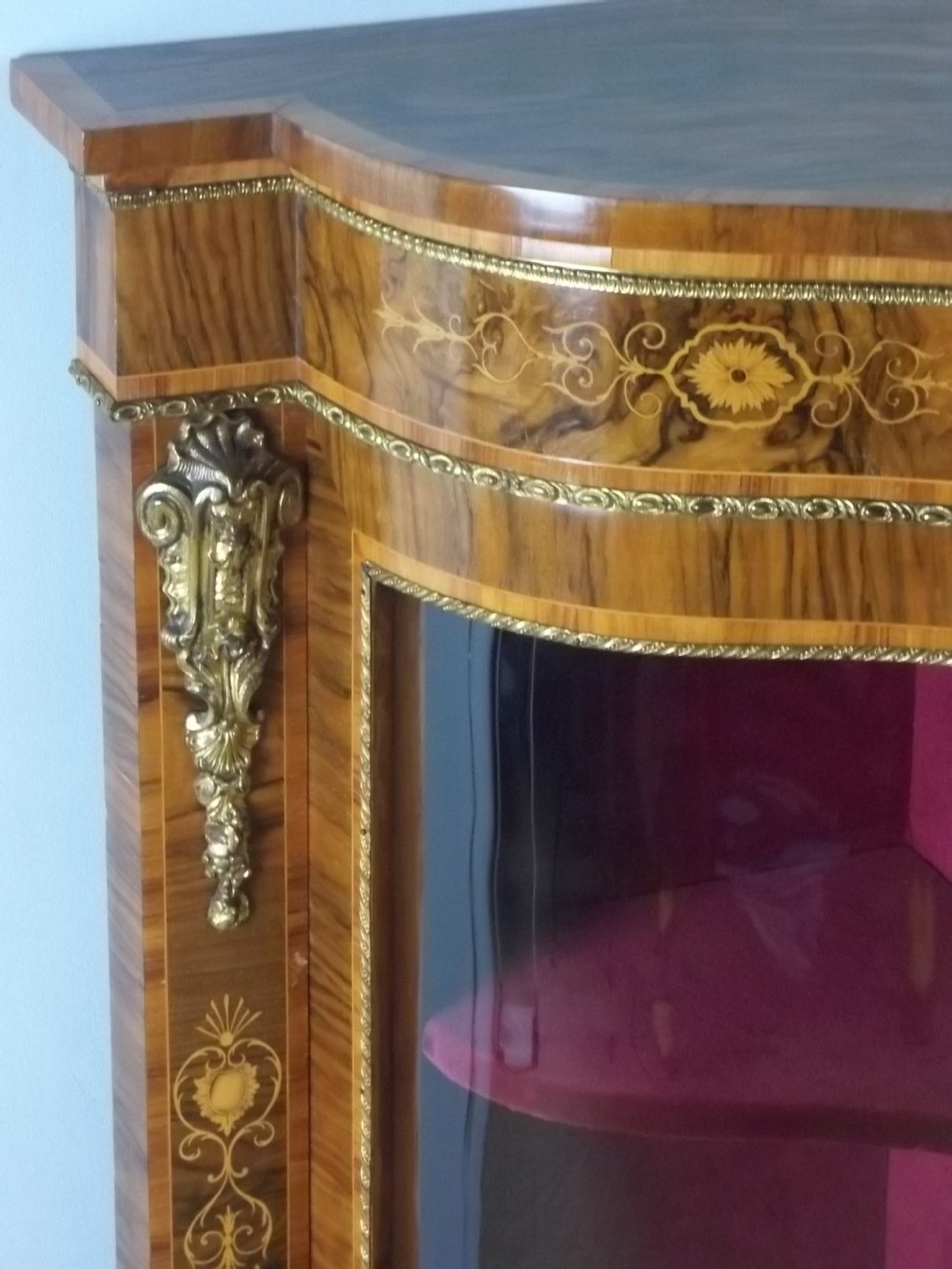 Antique 19th century serpentine shaped figured walnut inlaid ormolu mounted small narrow credenza display side pier sideboard cabinet . C.1860. View IV