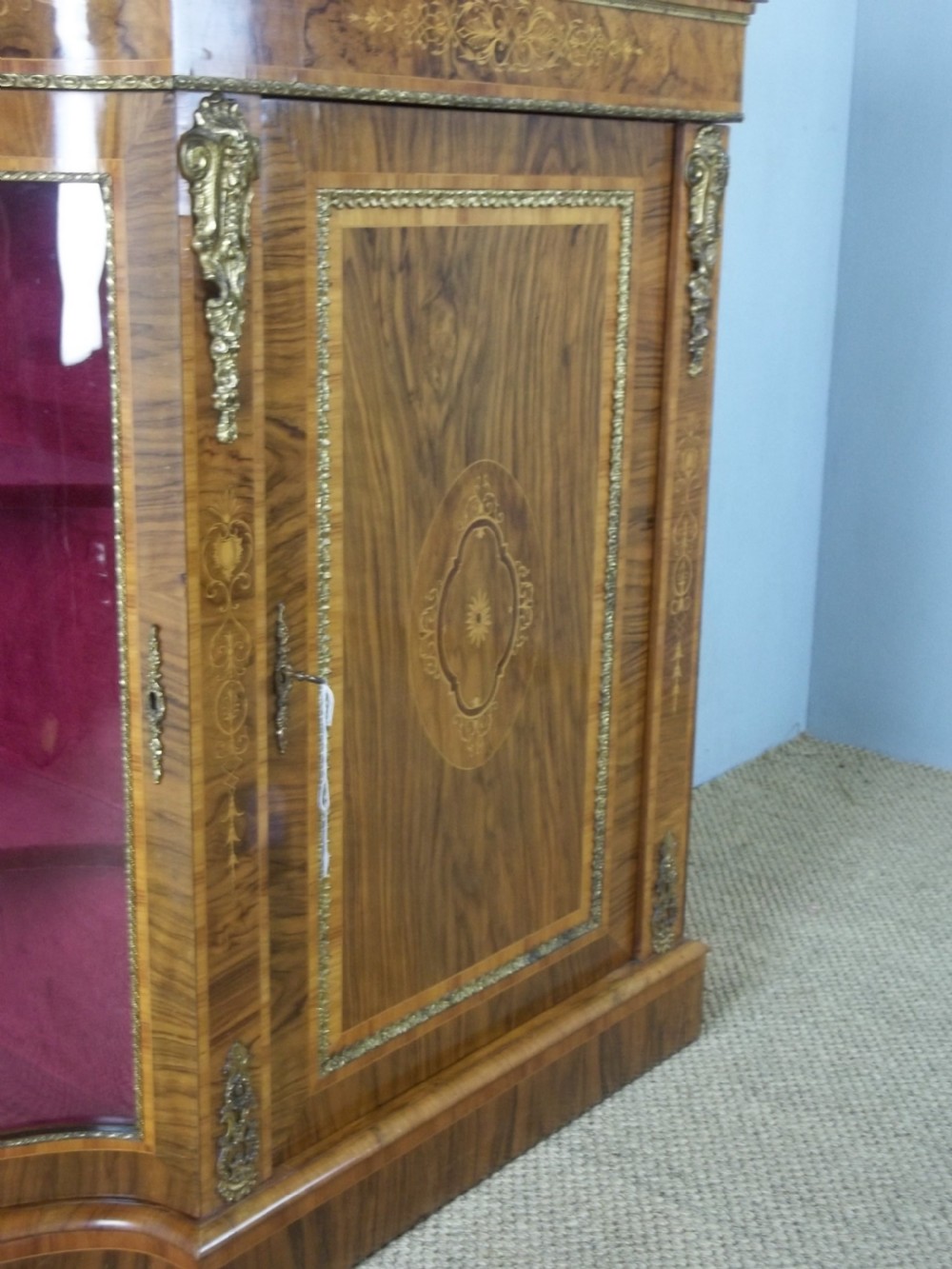 Antique 19th century serpentine shaped figured walnut inlaid ormolu mounted small narrow credenza display side pier sideboard cabinet . C.1860. View V