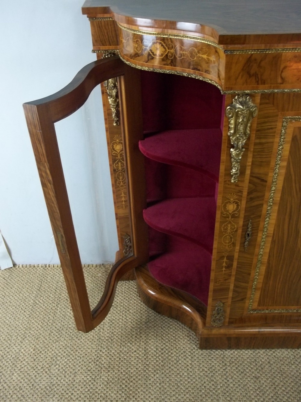 Antique 19th century serpentine shaped figured walnut inlaid ormolu mounted small narrow credenza display side pier sideboard cabinet . C.1860. View VI