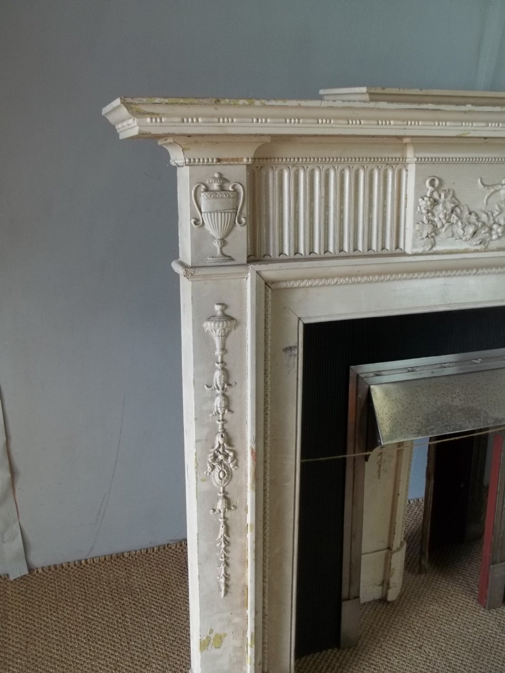 A rare pair of antique 19th century Regency Georgian Adam  style painted pine fire surround places and inserts View II